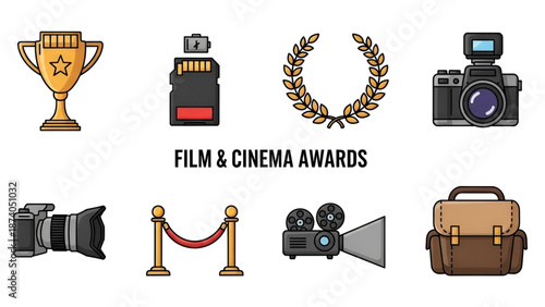 Film and cinema awards icons set with trophy memory card camera and movie projector