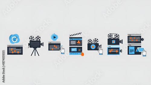 Video editing and digital marketing icons set with cinema camera player and web interface