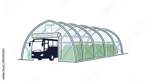 A bus entering a large, arched greenhouse structure, with rows of green plants visible inside, suggesting agricultural transport or a mobile greenhouse.