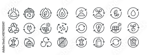 Sustainable recycling and renewable energy icon set