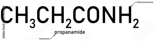 Propanamide chemical formula with callout titles