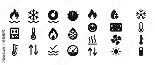 Temperature and climate control icon set: fire, snowflake, thermometer, timer