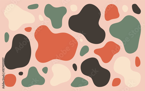 Abstract shapes in various colors and sizes on a pastel background from a top-down viewpoint