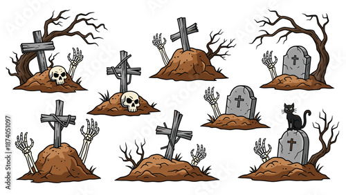 A spooky collection of Halloween-themed graveyard scenes, featuring tombstones, crosses, skulls, bare trees, and skeletal hands emerging from the ground, with a black cat on one tombstone.