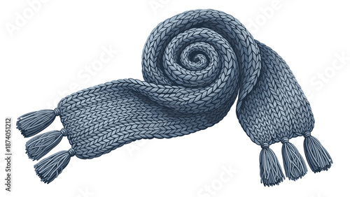 A densely knitted scarf in a cool grey color, coiled into a spiral shape with fringed ends, showcasing texture and warmth.
