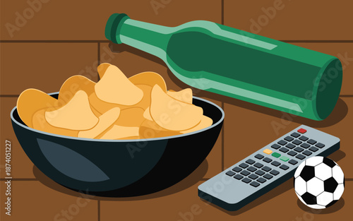 A bowl of potato chips, a beer bottle, a remote control, and a soccer ball on a wooden table during a sports match viewing session