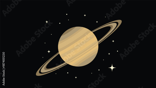 A stylized illustration of the planet Saturn with its iconic rings, set against a black, star-filled cosmic background.