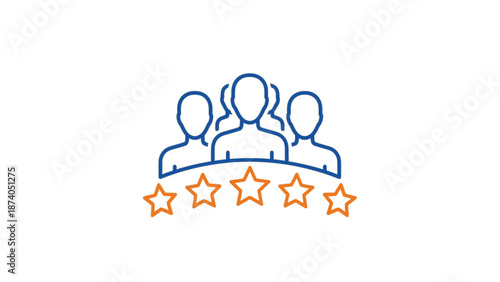 Three people illustration with rating stars below them in a simple graphic design