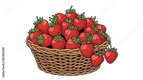 A wicker basket filled with ripe, red strawberries, some with green stems and leaves, evoking freshness and abundance of summer fruit.