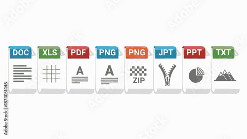 Various file format icons arranged in a row on a clean white surface from a straightforward viewpoint