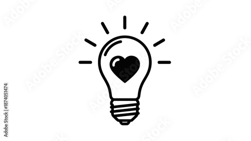 Simple black line illustration of a lightbulb with a heart inside, symbolizing creative ideas and love