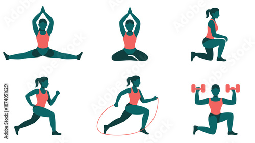 Vector set of woman doing yoga and meditation poses, a black slim figure silhouette for health and fitness sport exercise illustration