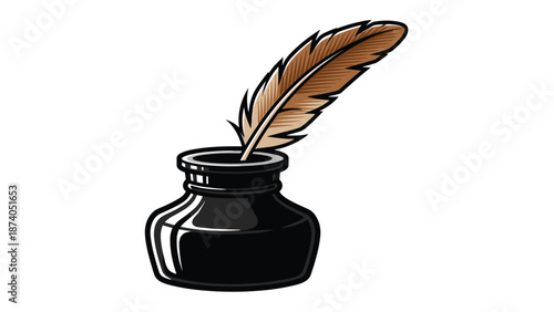 A black inkwell with a brown quill pen sticking out of it, set against a white background.