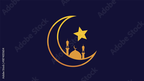 A golden crescent moon and star are placed over a silhouette of a mosque on a dark blue background.