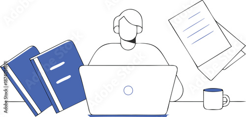 A busy professional works on laptop with books papers and coffee nearby in a minimal illustration with office and productivity