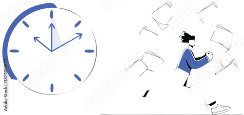 A stressed businesswoman rushes to meet a deadline with papers flying around her as a large clock ticks away in the background