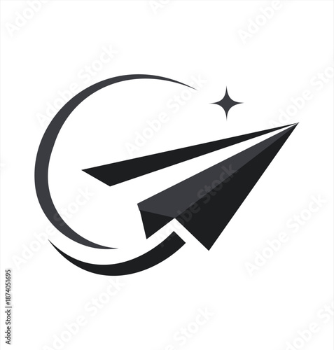 Minimalist black paper airplane icon with a swoosh path and star, representing travel, fast delivery, creative ideas, and startup growth.