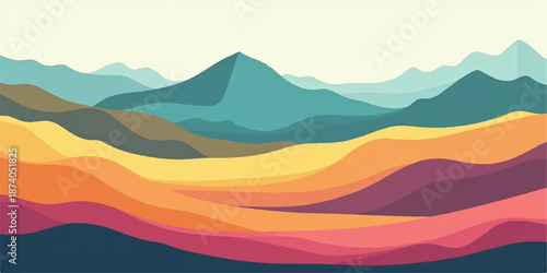Vibrant colorful mountain range landscape with wavy hills and peaks