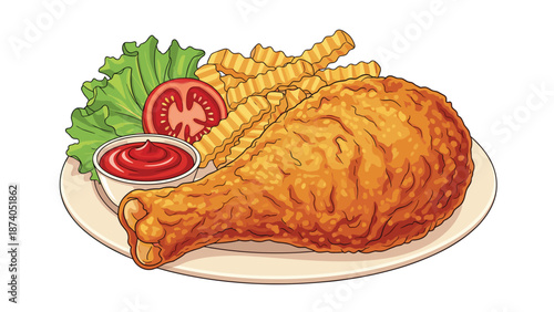 A plate of fried chicken, french fries, lettuce, tomato, and ketchup is shown against a white background.