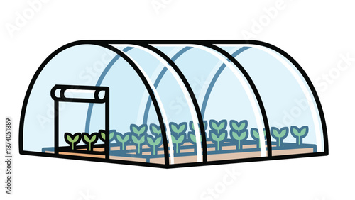 A greenhouse with rows of small green plants growing inside, against a dark green background.