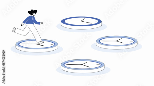 A person stepping on clocks in a line art style illustration for business and time management concepts with productivity