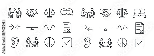 Set of minimal legal and communication icons for balance, agreement, and discussion