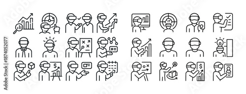 Icon set of virtual reality business team with graphs and presentations