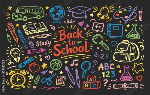 Back to school colorful chalk doodle icon set with education elements and classroom objects vector illustration