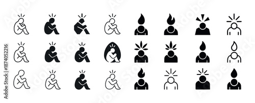 Various silhouette icons of anxiety and stress depicted through different human postures and expressions