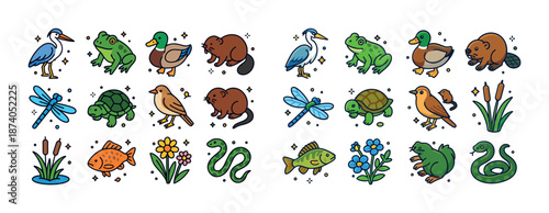 Colorful cartoon animals and nature elements collection