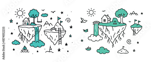 Floating islands with waterfalls and houses in whimsical landscape