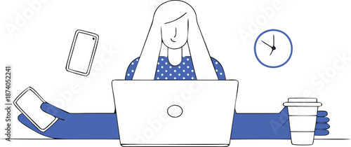 A woman multitasks on her laptop while holding a smartphone and sipping coffee with a clock in the background with multitasking