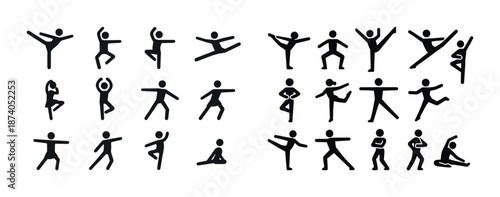 Diverse stick figure poses and movements set on white background