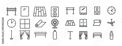 Home interior and decor icon set: furniture, decor, appliances, essentials