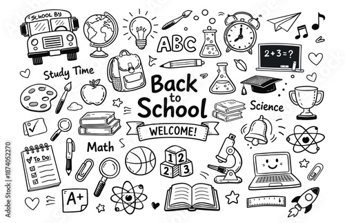 Back to school hand drawn doodle icon set with education and classroom elements on transparent background