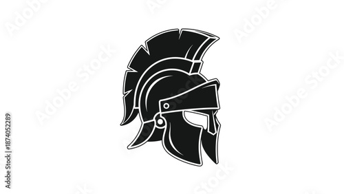 A black silhouette of a Roman or Greek warrior's helmet with a plume against a white background.