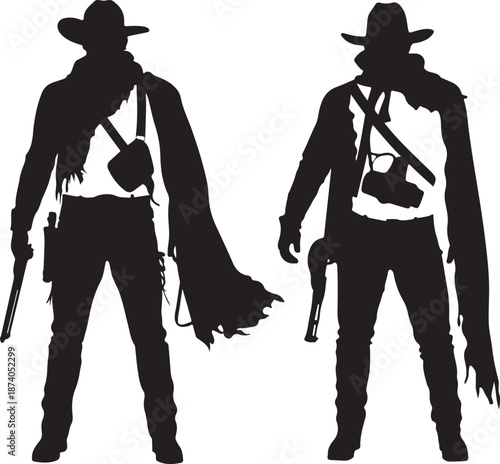 Silhouette of a Apocalyptic Cowboy with Rifle and Poncho on White Background