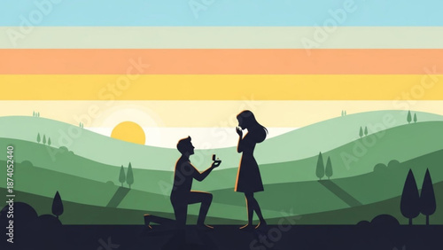 Man Proposing to Woman on Knee in Rolling Hills during Sunset