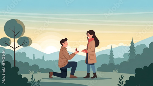 Man Proposing to Woman in a Scenic Outdoor Setting during Sunset