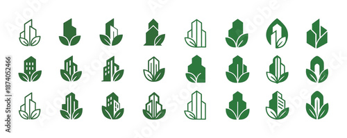 Eco-friendly city icons: green buildings and leaf elements for sustainable urban designs