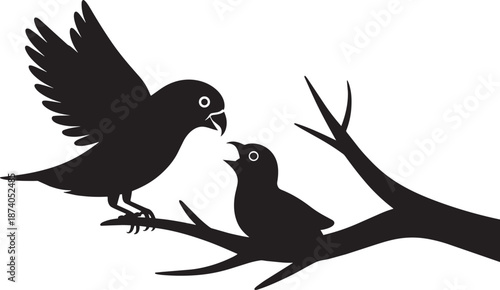 Adult parrot perched on tree branch communicating with small baby bird in black silhouette art
