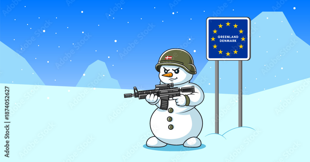 Fototapeta premium Vector cartoon of comical sullen and disgruntled military snowman with an automatic rifle and soldiers helmet. Metal sign of European Union, Greenland and Denmark. Funny toon border guard. Ice, cold
