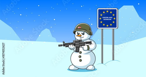 Vector cartoon of comical sullen and disgruntled military snowman with an automatic rifle and soldiers helmet. Metal sign of European Union, Greenland and Denmark. Funny toon border guard. Ice, cold