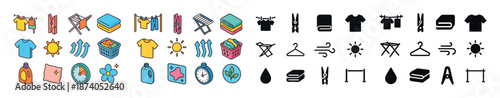 Laundry and clothing icons: colorful and monochrome illustrations