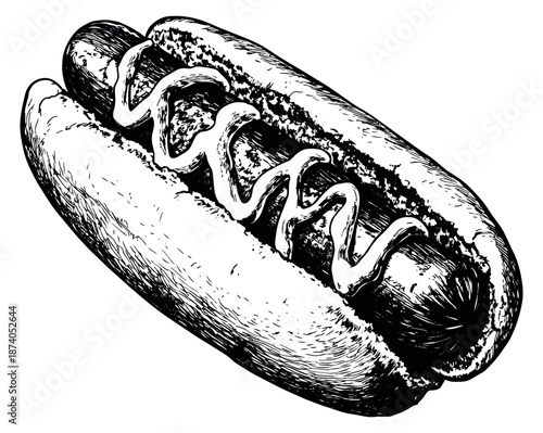 Hand drawn line art illustration of a hot dog depicting sauce for a fast food menu