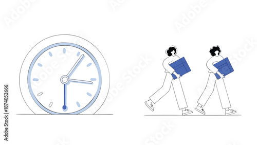 A professional person hurries to work carrying documents with a clock in the background indicating urgency and time management