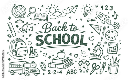 Back to school chalk drawn doodle icon set with school supplies stationery lettering and banner vector illustration