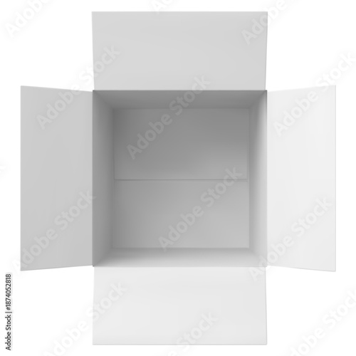 White realistic square cardboard box with an open lid, top view.