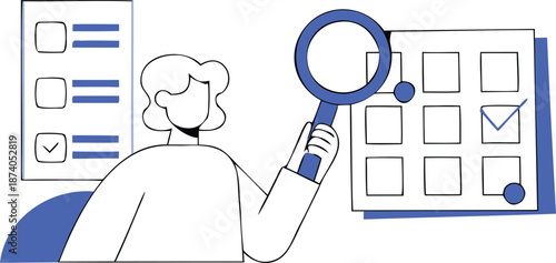 Productivity concept showing organized chaos around a person checking lists with a magnifying glass for efficiency and task