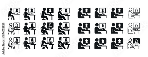 Icon set of computer users viewing chess piece on screens